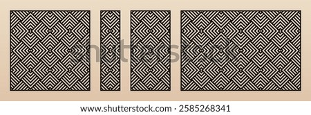 Laser cut panel set. Vector template with abstract geometric pattern, lines, stripes, grid. Decorative stencil for CNC cutting of wood, metal, plastic, paper, plywood. Aspect ratio 1:1, 1:4, 1:2, 3:2