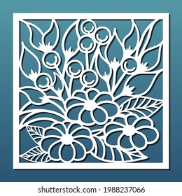 Laser cut panel, stencil for cnc cutting. Abstract floral design in art deco style. Wall art for home decor, room divider screens, paper craft, card background. Square panel. Vector illustration