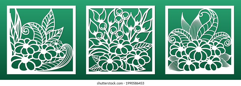 Laser cut panel, stencil for cnc cutting. Abstract floral design in art deco style. Wall art for home decor and interior design, papercard background. Set of panel templates. Vector illustration