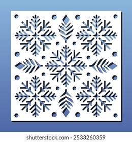 Laser cut Panel, stencil for CNC cutting, Christmas snowflake abstract pattern. Room screen, coaster, home interior wall art, engraving, card background. Vector illustration