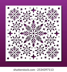 Laser cut Panel, stencil for CNC cutting, Christmas snowflake abstract pattern. Room screen, coaster, home interior wall art, engraving, card background. Vector illustration