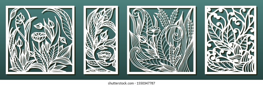 Laser cut panel template, anstract floral pattern. Stencil for wood or metal cutting, carving, paper art, fretwork. Card background decoration, interior design. Vector illustration