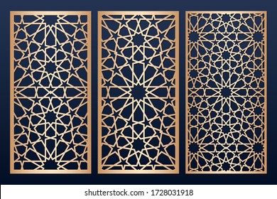 Laser cut panel template with islamic alhambra pattern. May be used for paper, metal, wood cutting. Arabic stencil pattern. Traditional islamic ornament.