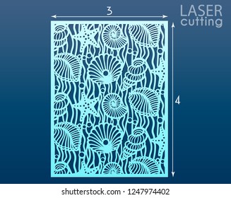 Laser cut panel template with pattern of seashells and stars. Decorative element for interior design in marine style. Wall or window panel, die cut embellishment. Cabinet fretwork screen.