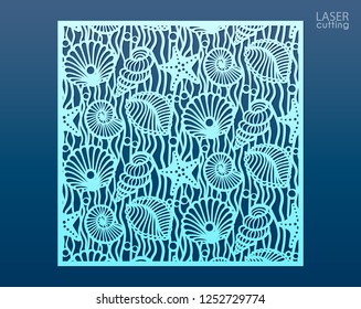 Laser cut panel template with pattern of seashells and stars. Decorative element for interior design in marine style. Wall or window panel, die cut embellishment. Cabinet fretwork screen.