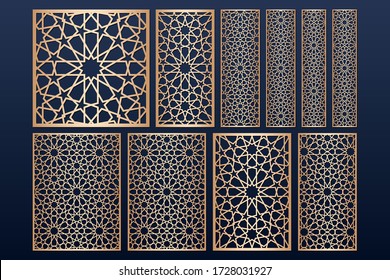 Plantilla de panel de corte láser con patrón de alhambra islámica. Puede utilizarse para el papel, el metal, el corte de madera. Patrón de lápiz árabe. Ornamento islámico tradicional.