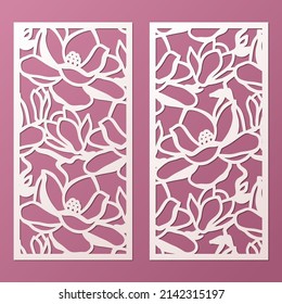 Laser cut panel templates 1:2 with pattern of magnolia flowers. Cabinet fretwork panel, Lasercut metal panel, Wood carving, papercut template, vector.