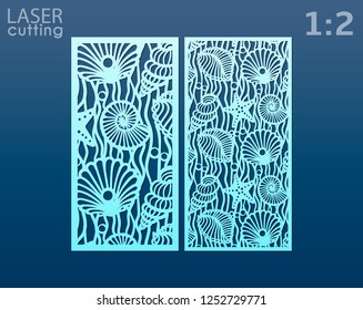 Laser cut panel templates set with pattern of seashells and stars. Decorative element for interior design in marine style. Wall or window panel, die cut embellishment. Cabinet fretwork screen.