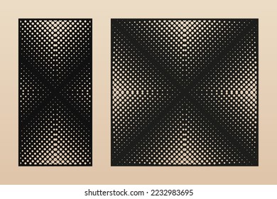 Laser cut panel. Trendy set of abstract geometric patterns with halftone circles, dots, grid, gradient transition. Decorative stencil for laser cutting of wood, metal, paper. Aspect ratio 1:2, 1;1