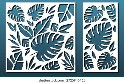 Laserschneidplatte mit tropischen Blättern Blumenmuster. CNC-Schneiden für die Inneneinrichtung, Raum Privatsphäre Bildschirm. Papierschnitt-Kartenhintergrund, Diy-Craft. Schablone für einzelne Vektorgrafiken.