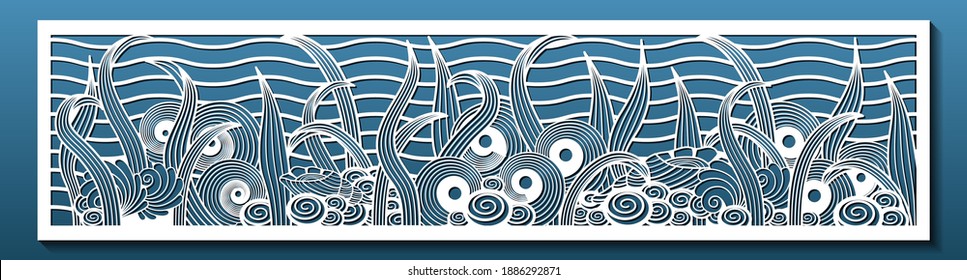 Laser cut panel with underwater design. Wall art, home decor, room divider or screen. CNC cutting stencil. Sea shells and plants pattern. Vector illustration