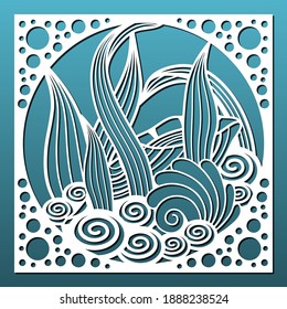 Panel de corte láser con diseño subacuático. Arte mural, decoración casera, biombo de habitación o pantalla. Lápiz de corte CNC. Patrón de conchas y plantas marinas. Ilustración del vector