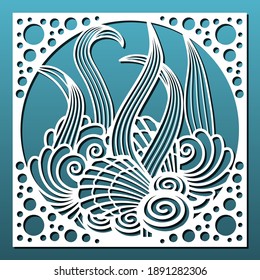Laser cut panel with underwater design. Wall art, home decor, room divider or screen, decorative tile. CNC cutting stencil. Sea shells and plants pattern. Vector illustration