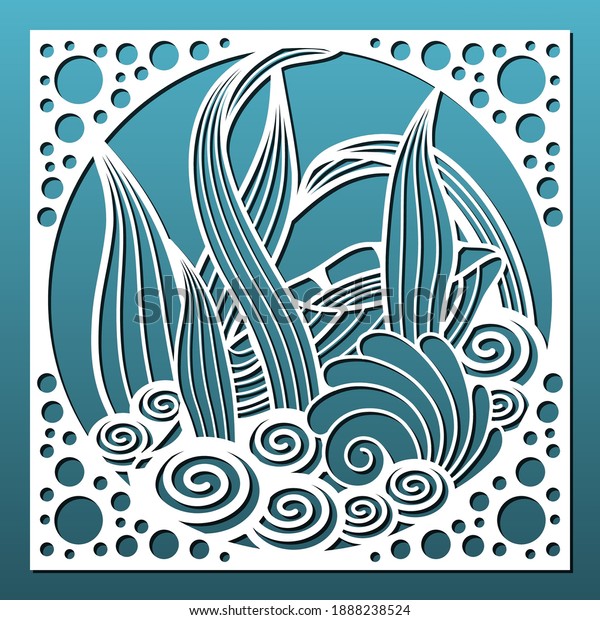 Laser cut panel with
underwater design. Wall art, home decor, room divider or screen.
CNC cutting stencil. Sea shells and plants pattern. Vector
illustration