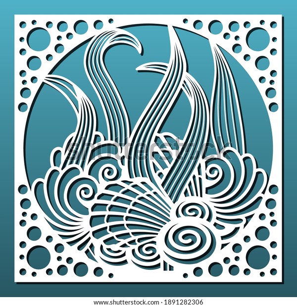 Laser cut panel\
with underwater design. Wall art, home decor, room divider or\
screen, decorative tile. CNC cutting stencil. Sea shells and plants\
pattern. Vector\
illustration