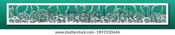 Laser cut panel with
underwater design. Wall art, home decor, room divider or screen.
CNC cutting stencil. Sea shells and plants pattern. Vector
illustration