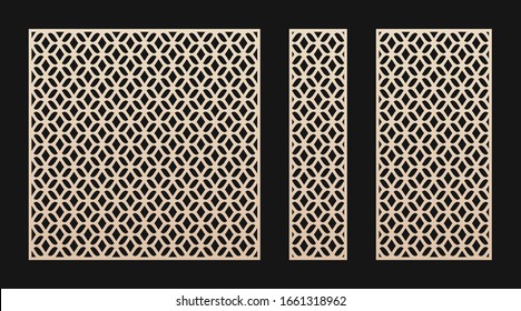 Panel de corte láser. Plantilla vectorial, patrón geométrico abstracto en estilo oriental. Cuadrícula elegante, malla, ornamento de entramado. Lápiz decorativo para corte láser de madera, metal. Relación de aspecto 1:1, 1:4, 1:2