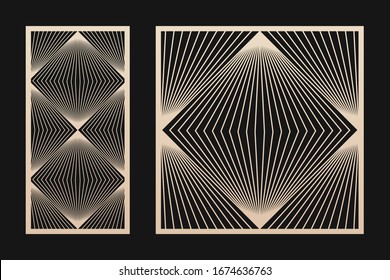 Laser cut panel. Vector template with abstract geometric pattern, lines, grid, stripes, optical art. Decorative stencil for laser cutting of wood, metal, engraving, fretwork. Aspect ratio 1:2, 1:1