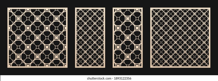 Laser cut panel. Vector template, abstract geometric pattern in Oriental style. Elegant round grid, mesh, lattice ornament. Decorative stencil for laser cutting of wood, metal. Aspect ratio 1:1, 1:2