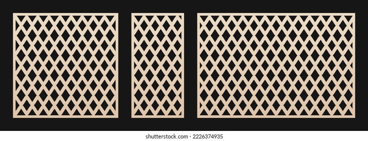 Laser cut panel. Vector template with abstract geometric pattern, grid, mesh, net, lattice ornament. Decorative stencil for laser cutting of wood, metal, plastic, engraving. Aspect ratio 1:1, 1:2, 3:2