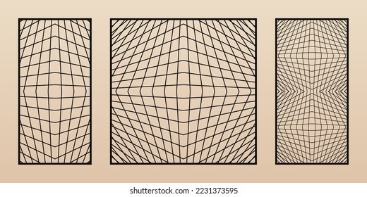Laser cut panel. Vector template with abstract geometric pattern, 3d lines, grid, op art, optical illusion effect. Decorative stencil for laser cutting of wood, metal, plastic. Aspect ratio 1:2, 1:1