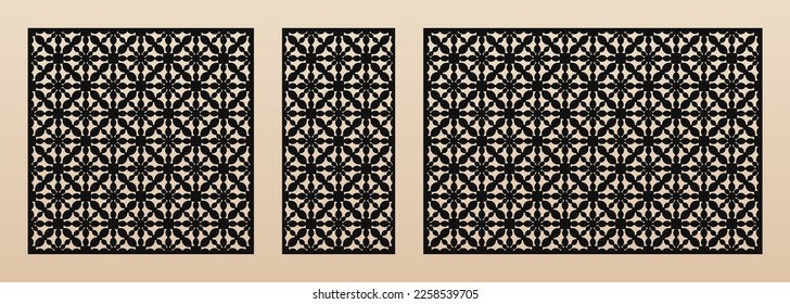 Panel de corte láser. Plantilla vectorial, patrones geométricos abstractos de estilo oriental. Cuadrícula elegante, entramado, ornamento de malla. Lápiz decorativo para corte láser de madera, metal. Relación de aspecto 1:1, 1:2, 3:2