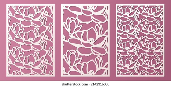 Laser cut panels 2:3 template set with pattern of magnolia flowers. Papercut, Wood carving, Metal cutting templates, vector.