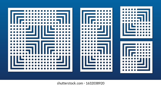 Laser cut panels. Abstract geometric pattern with lines, squares, stripes, grid. Elegant decorative template for wood, paper card, metal cutting, engraving, fretwork, carving. Aspect ratio 1:1, 1:2