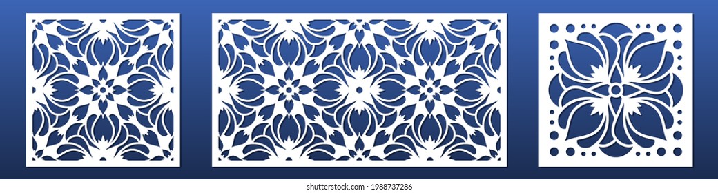 Laser cut panels with abstract geometric pattern design. Cnc cutting stencils. Wall art , home interior decor, room divider screens, paper art for card background. Vector illustration