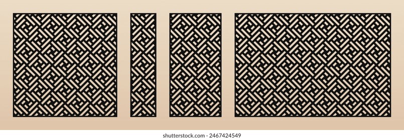 Laser cut panels. Abstract geometric pattern with lines, squares, grid. Decorative template for laser cutting, CNC cut of wood, metal, paper. Trendy geo ornament. Aspect ratio 1:1, 1:4, 1:2, 3:2