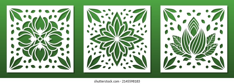 Laser cut panels, CNC cutting templates. Coasters, wall art, paper card background. Square tiles, Home interior, privacy screen, fence panel. Floral pattern. Vector illustration