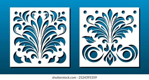 Painéis de corte a laser, estêncil de corte CNC. Painéis de arte de parede quadrada, design floral abstrato em estilo árabe ou oriental. Decoração de casa, tela de privacidade do quarto, cerca, azulejo de parede, Ilustração de vetor