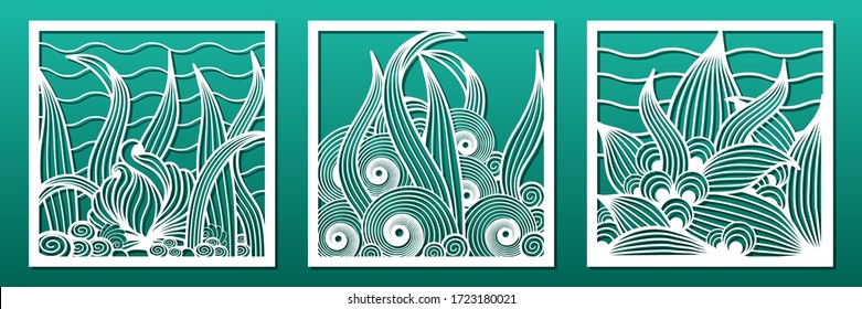 Paneles de corte láser para corte en plasma cnc. Muro de arte, pantallas decorativas, decoración casera. Patrón náutico subacuático con maleza y conchas marinas. Para tallado de metal o madera. Ilustración del vector