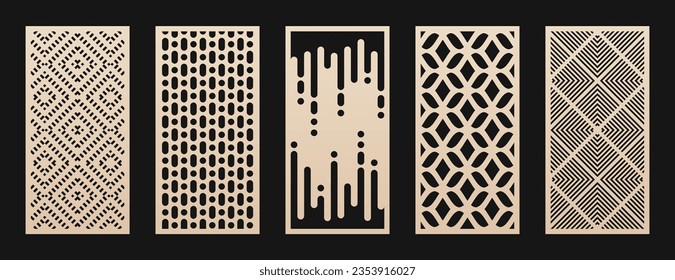 Laser cut panels collection. Set of abstract geometric patterns with circles, dots, grid, geo ornaments. Decorative stencil for laser cutting, CNC cut of wood, metal, plastic, paper. Aspect ratio 1:2