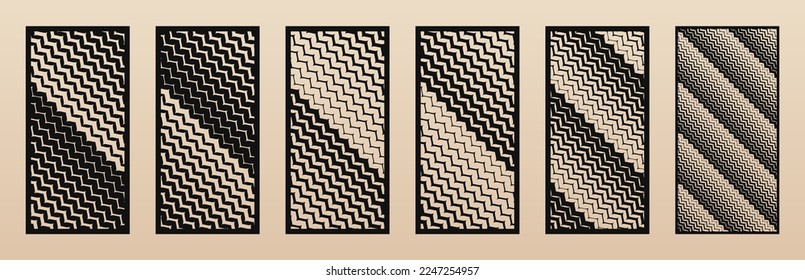 Laser cut panels collection. Trendy abstract patterns set with diagonal lines, stripes, halftone zigzag, gradient transition. Decorative stencil for CNC cutting of wood, metal, paper. Aspect ratio 1:2