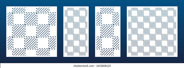 Laser cut panels collection. Vector template with abstract geometric pattern, lines, checkered grid. Decorative stencil for laser cutting of wood, metal, engraving, fretwork. Aspect ratio 1:2, 1:1