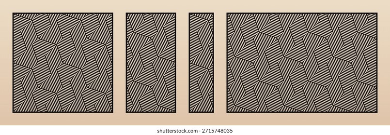 Colección de paneles cortados por láser. Plantilla de Vector con patrón geométrico abstracto, líneas, rayas, zigzag. Plantilla decorativa para corte CNC de madera, metal, plástico, papel. Relación de aspecto 1:1, 1:2, 1:4, 3:2