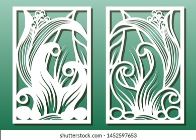 Laser cut panels with floral pattern. Stencil or template for  interior wood or metal décor cutout, fretwork or paper art, card engraving. Vector set with underwater world design.