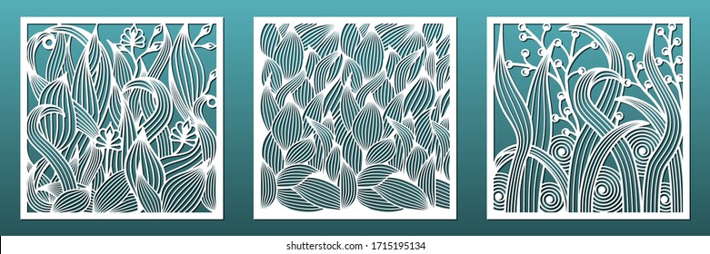Laser cut panels with floral pattern. Set of templates for interior design, wall art decor, room divider screens. Wood or metal cutting and carving, fretwork stencils. Vector illustration