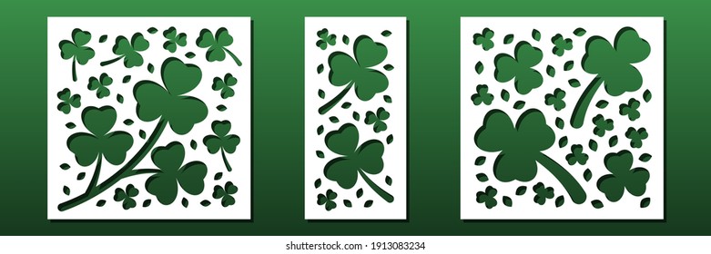 Laser cut panels, floral pattern with traditional clovers and shamrocks. Cnc cut stencil for wall  art, home decor, coasters, card background, paper art, diy craft. Vector illustration