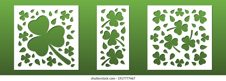 Laser cut panels. Floral pattern with clovers and IIrish shamrocks for CNC cutting.  Card background design, interioe decorative screens, wall art, coasters, papercut. Vectior illustration