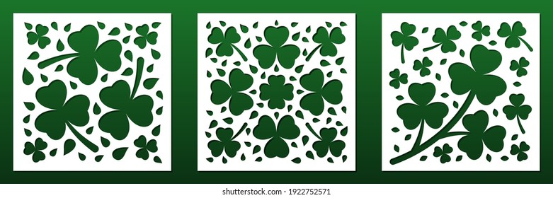 Laser cut panels. Floral pattern with clovers and IIrish shamrocks for CNC cutting.  Card background design, interioe decorative screens, wall art, coasters, paper art. Vectior illustration