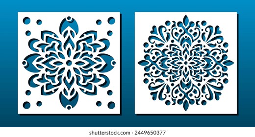 Laser cut panels with floral pattern in asian decorative style. Home decor; room divider; privacy screen; coaster; wall art; card background. Vector illustration