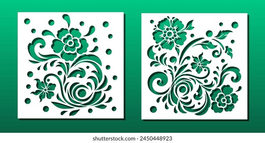 Paneles cortados por láser con motivo floral en estilo decorativo oriental. Decoración del hogar; divisor de la habitación; pantalla de privacidad; posavasos; arte de la pared; fondo de tarjeta. Ilustración vectorial