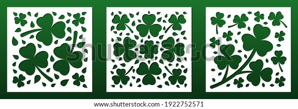Laser\
cut panels. Floral pattern with clovers and IIrish shamrocks for\
CNC cutting.  Card background design, interioe decorative screens,\
wall art, coasters, paper art. Vectior\
illustration