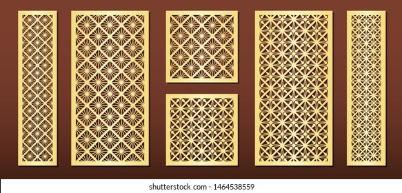 Laser cut panels with geometric pattern in arabic islamic design style, vector set. Template or stencil for metal cutting, wood carving, fretwork, paper art. Use in interior décor, card background.