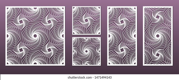 Laser cut panels with geometric pattern in arabic islamic design style, vector set. Template or stencil for metal cutting, wood carving, fretwork, paper art. Use for interior design, card decoration. 