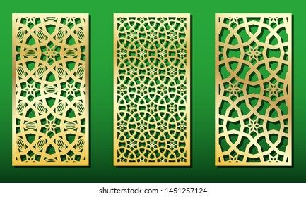 Laser cut panels with islamic geometric ornament. Templates for wood or metal decoration, stencil for laser cut-out, fretwork , engraving, paper cards. Arabic traditional patterns, vector set