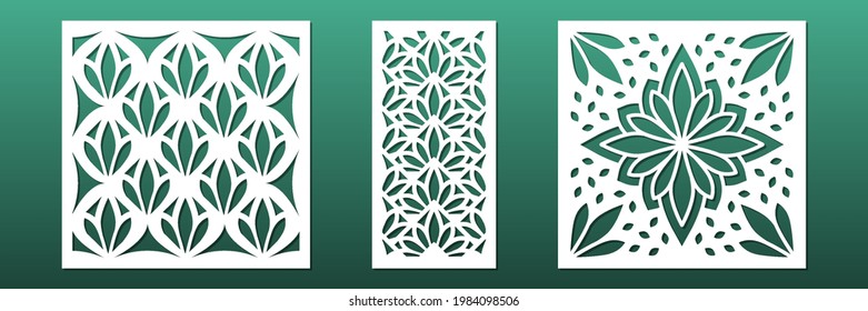 Laser cut panels with modern abstract geometric pattern. CNC cutting or carving. Home interior design, room dividers, privacy screens, wall art, card background decoration. Vector illustration