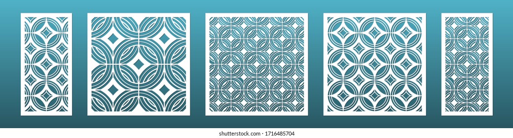 Laser cut panels with modern geometric pattern. Templates for cnc plasma cutting. Can be used in interior design as room screen  Metal or wood carving, fretwork. Vector illustration